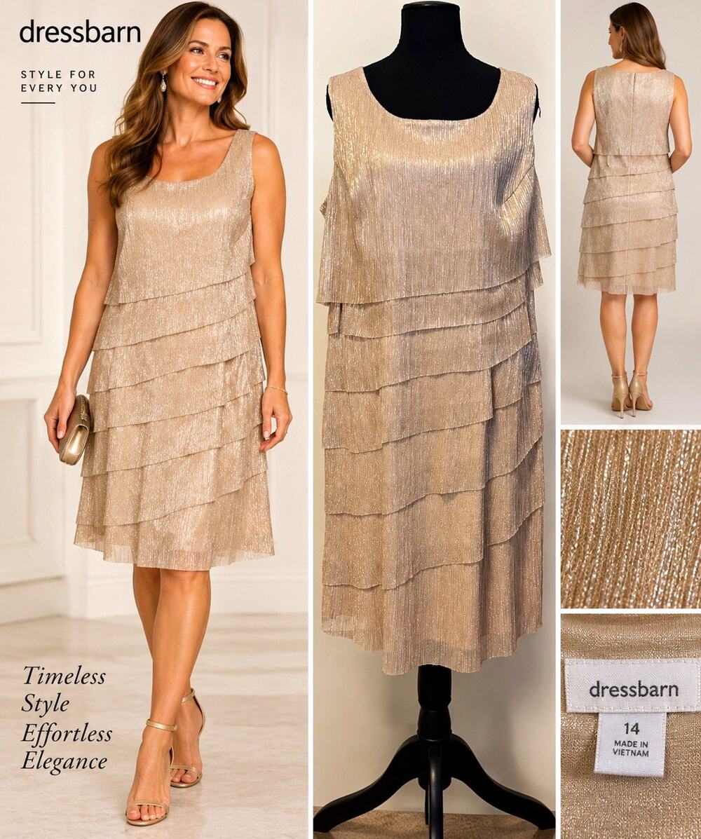 Dressbarn Gold Shimmer Tiered Ruffle Cocktail Dress Size 14